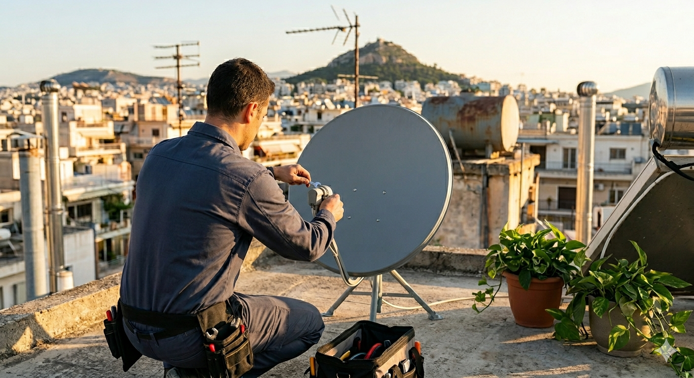 έμπειρος τεχνικός με όργανα μέτρησης σήματος κεραίας