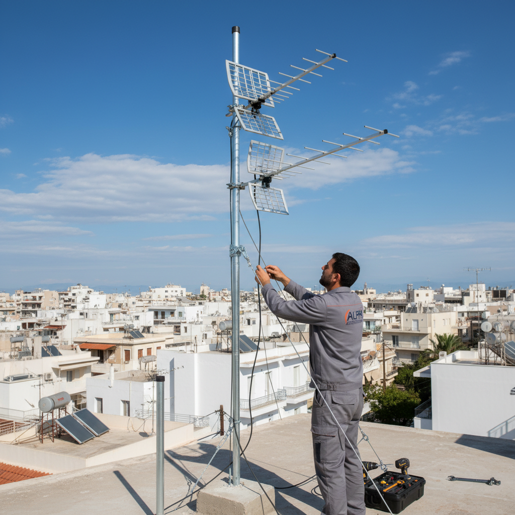εγκατάσταση νέας κεραίας τηλεόρασης σε ταράτσα