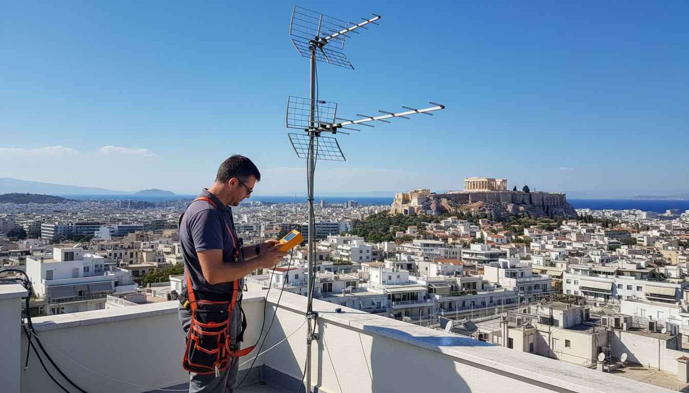 Έλεγχος κεραίας τηλεόρασης από τεχνικό σε στέγη κτιρίου