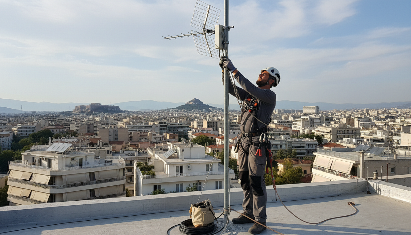 Ενισχυτής κεραίας. Εγκατάσταση απο τεχνικό σε ταράτσα πολυκατοικίας