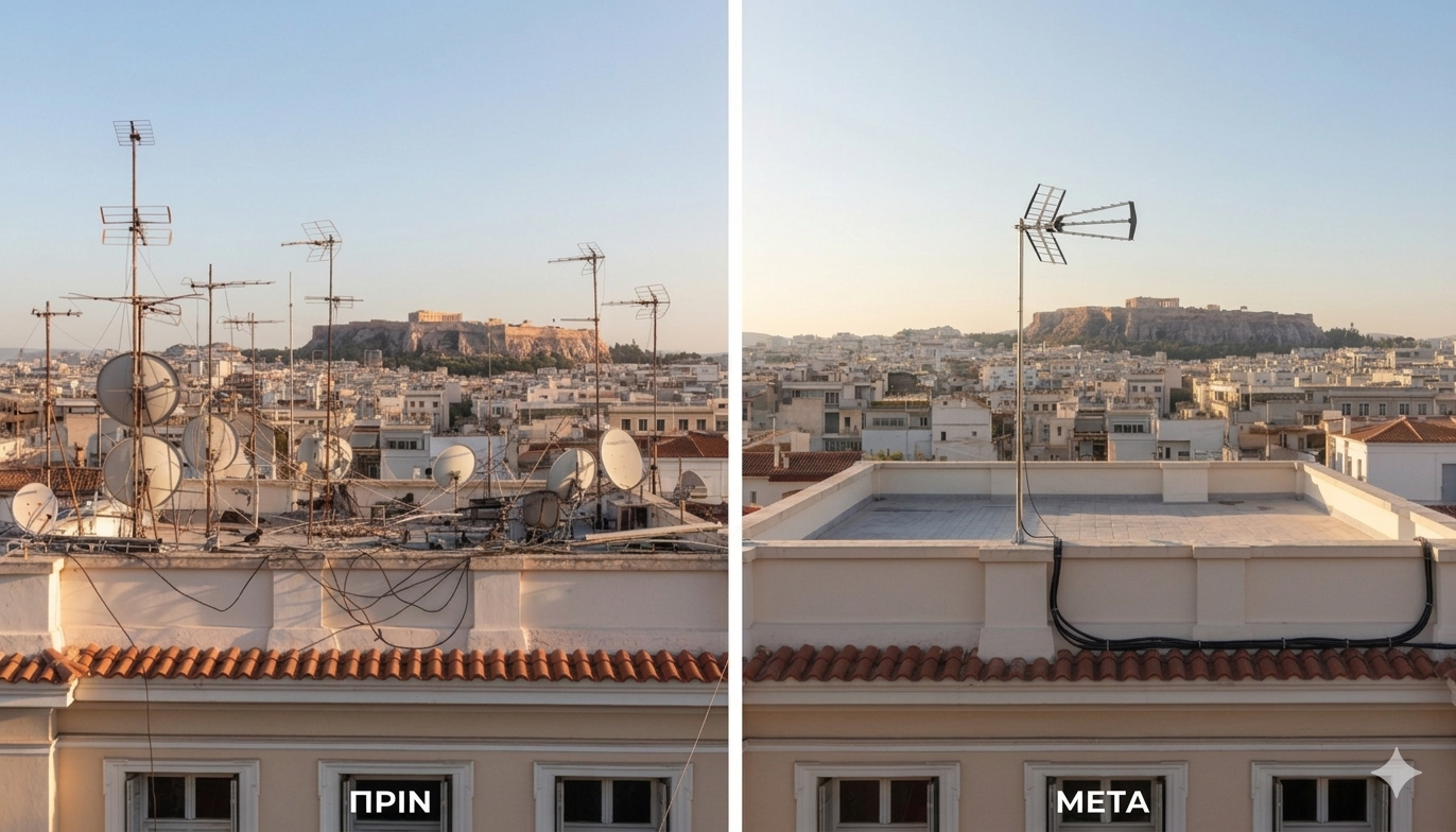 Πολυκατοικία πριν και μετά την εγκατάσταση κεντρικής κεραίας