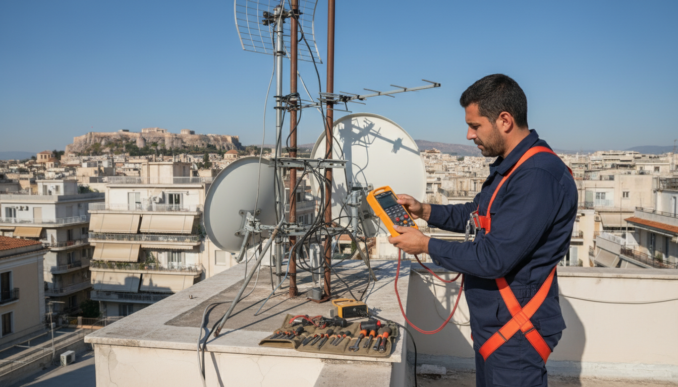 Τεχνικός διενεργεί επισκευή κεντρικής κεραίας τηλεόρασης